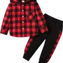 Toddler Boy Clothes Fall Winter Outfits Plaid Pocket Hoodie Sweatshirt + Long Sleeve Pants Set 12 Months-6 Years Old (18-24 Months, Red)