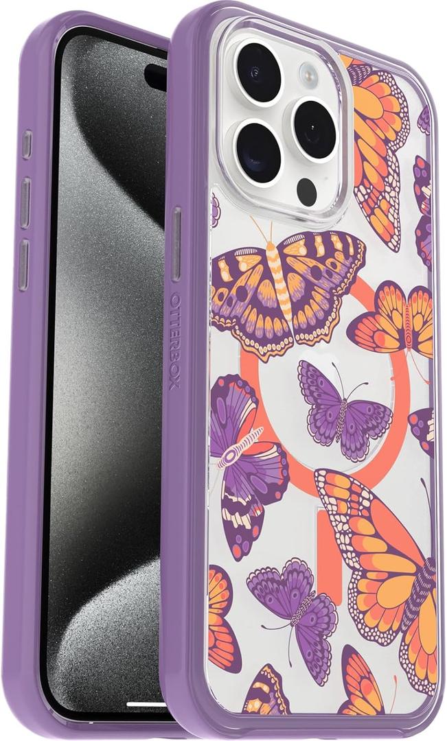 OtterBox iPhone 15 Pro MAX (Only) Symmetry Series Clear Case - BUTTERFLY FLUTTER (Purple), Snaps to MagSafe, Ultra-Sleek, Raised Edges Protect Camera & Screen