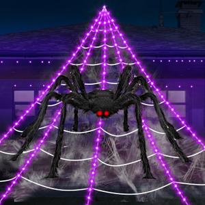 Halloween Decorations Outdoor Spider Web Lights, 23Ft 350 LED Light up Spider Web with 6.6Ft Giant Spider, 8 Modes Waterproof Timer Spiderweb Lights for Garden  Haunted House Decor, Purple