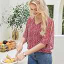 Uhiger 3/4 Length Sleeve Womens Tops V Neck Chiffon Blouse Dressy Casual Double Layered for Weekend Outings and Everyday Wear (Red, L)