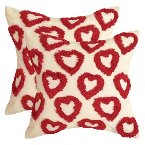 AVOIN colorlife Valentine's Day Love Heart Beige Red Throw Pillow Covers, 18 x 18 Inch Anniversary Wedding Home Decor Present Couple Valentine Gift Cushion Case for Sofa Couch Set of 2