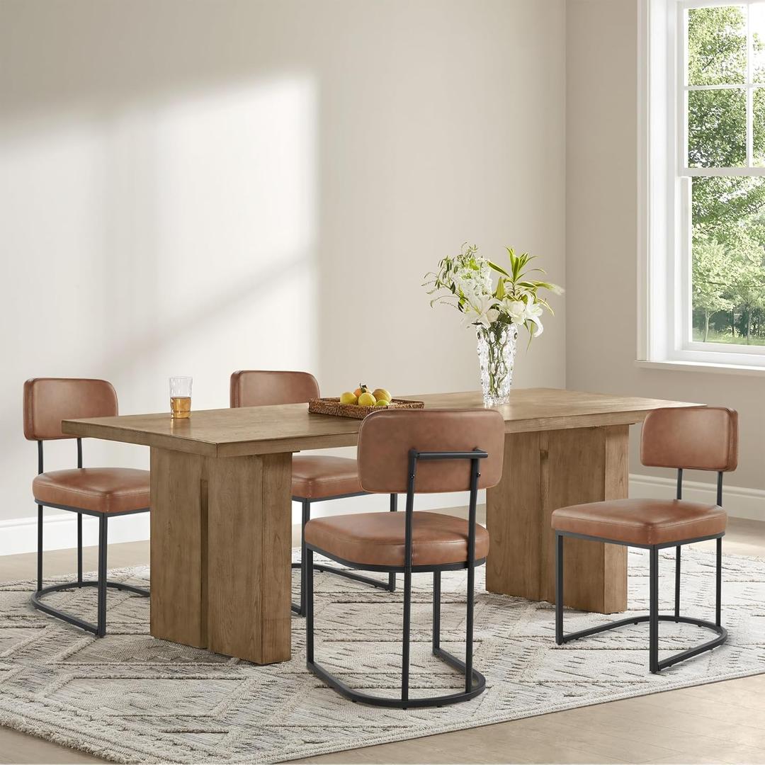 KISLOT Dining Chairs Set of 2, Upholstered Modern Kitchen Chairs with Ergonomic Backrest, Faux Leather Cushion Seat & Metal Legs for Living Room, Restaurant, and Café, Brown