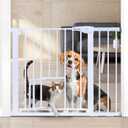 COMOMY Auto Close Baby Gate with Cat Door, 29.5"-40.5" Extra Wide Dog Gate for House Doorways Stairs, Pressure Mounted Easy Walk Thru Pet Gate, Includes 4 Wall Cups and 2 Extension Pieces, White