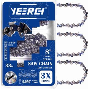 8 Inch Chainsaw Chain - 3/8" LP Pitch, .050" Gauge, 33 Drive Links, Semi-Chisel - Fits Portland, Greenworks, Kobalt, Remington, Sun Joe & More (3 Pack)