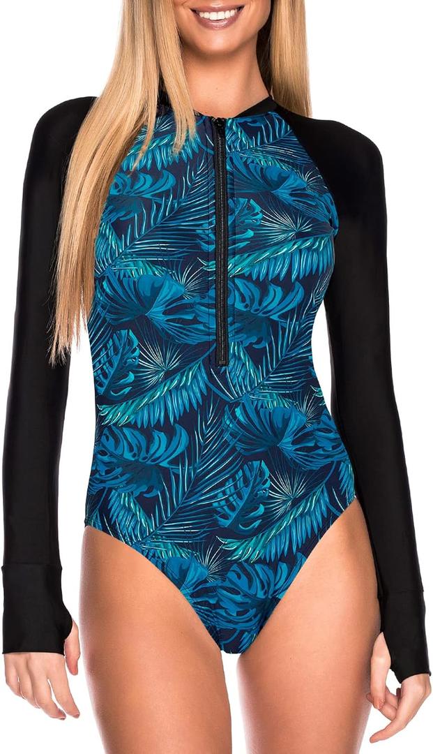 RELLECIGA Women's One Piece Swimsuits Long Sleeve Rash Guard UV Protection Surfing Swimsuit Bathing Suit (Large, Blue Leaf and Black)