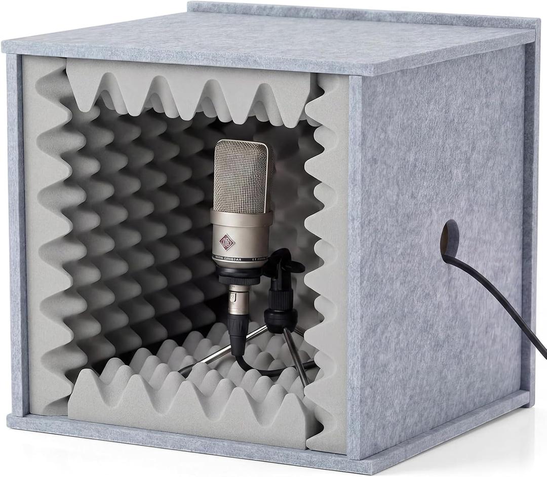 Pushglossy Desktop Soundproof Cover Portable Vocal Recording Booth Vocal Microphone Isolation Booth Cube for Music Studio Podcasts Decreasing Noise Home(Gray, 14.17 x 14.17 x 14.17 Inch, Holes)