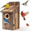 Natural Wood Birdhouse for Outside, Wooden Nesting Box with Circular Entrance Hole and Perch Blue Bird Houses for Outdoors with Clear View Panel & Predator Guard for Blue Robin, Wren, Swallow