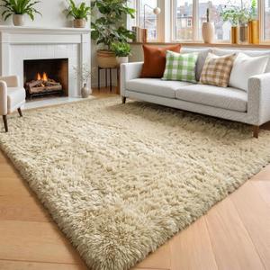 Amdrebio Beige Area Rugs for Bedroom Kids Room, Fluffy Plush Shaggy Furry Fuzzy Rug 4x6 for Living Room Decor Aesthetic, Soft Cute Shag Neutral Tan Carpet for Teens Baby Nursery Playroom Preppy Dorm