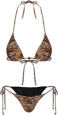 Women's 2 Pieces Zebra Striped Bikini Set Halter Triangle Swimsuit Y2K Tie Side Bathing Suit M