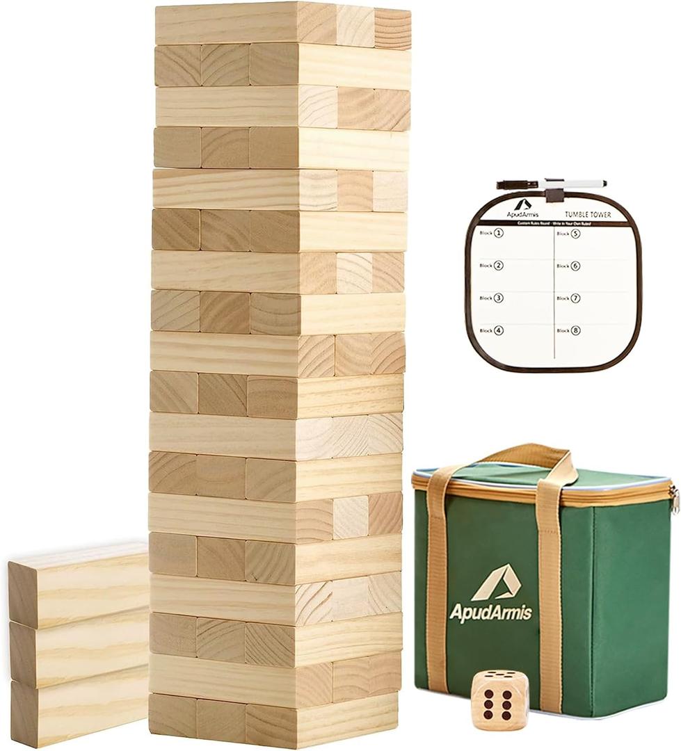 ApudArmis 54 PCS Tumble Timber Set [Up to 3.2FT], Pine Wooden Tumble Tower Game with Dice and Scoreboard Set - Classic Block Stacking Board Game for Teens Adults (Burlywood)