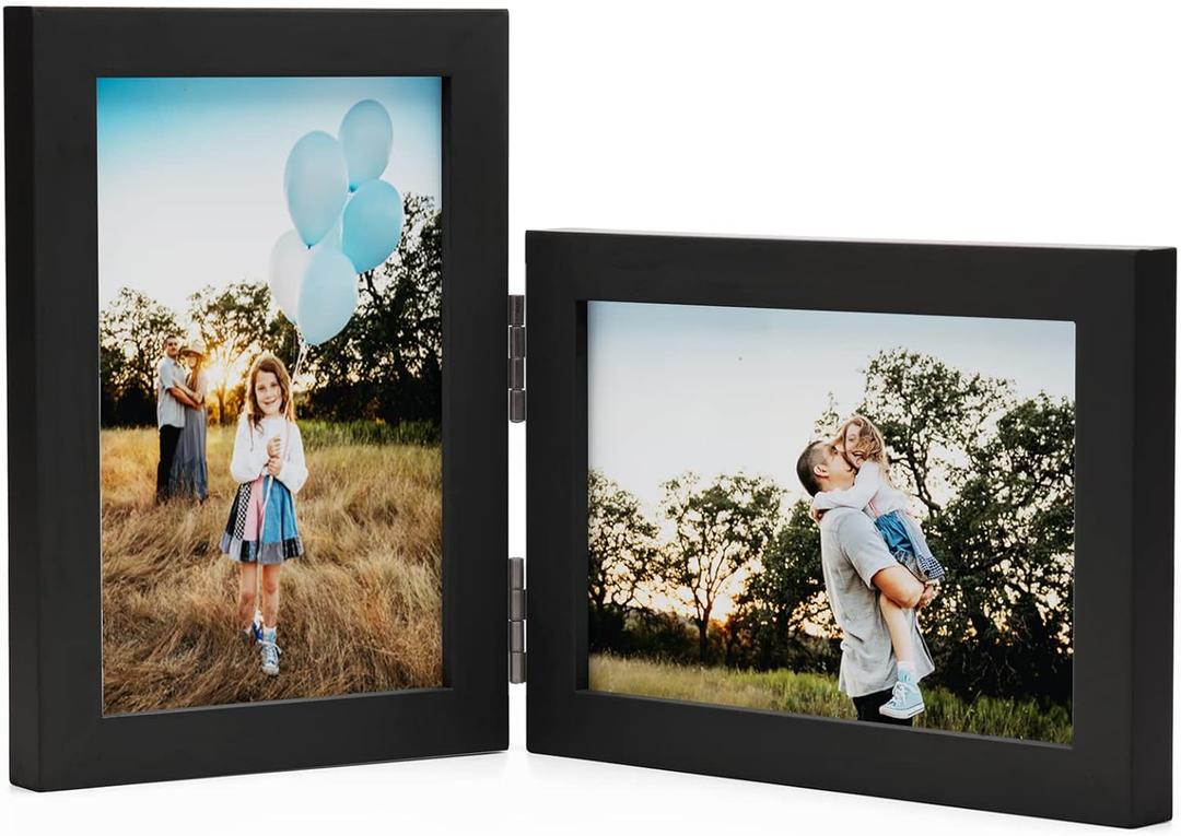 Janreefan Double Vertical & Horizontal 4X6 Picture Frames Hinged Folding Photo Frames in Black for Wall Hanging or Tabletop Standing, Made of Pine Wood with Real Glass P-S46H64-HEI
