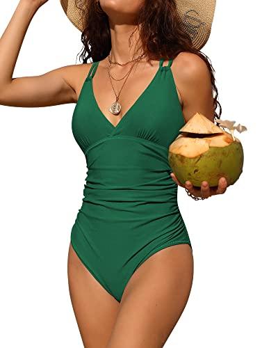 Charmo Tummy Control One Piece Bathing Suits for Women Ruched V Neck Swimsuits Strappy Monokini Green, Size X-Large