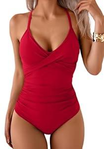 B2prity Women's One Piece Swimsuits Tummy Control Front Cross Bathing Suits Tie Back Slimming V Neck Swimwear(Red)