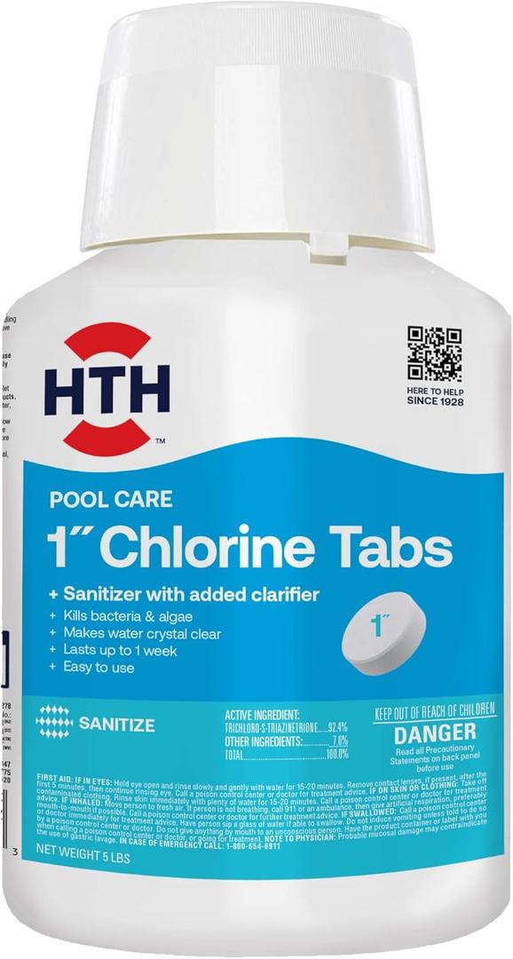 HTH 42047 Pool Care 1" Chlorine Tabs, Swimming Pool Sanitizer with Added Clarifier - Eliminates Bacteria & Algae, Makes Water Clean & Crystal Clear, Sanitizes & Protects - Slow Dissolving, 5 lbs