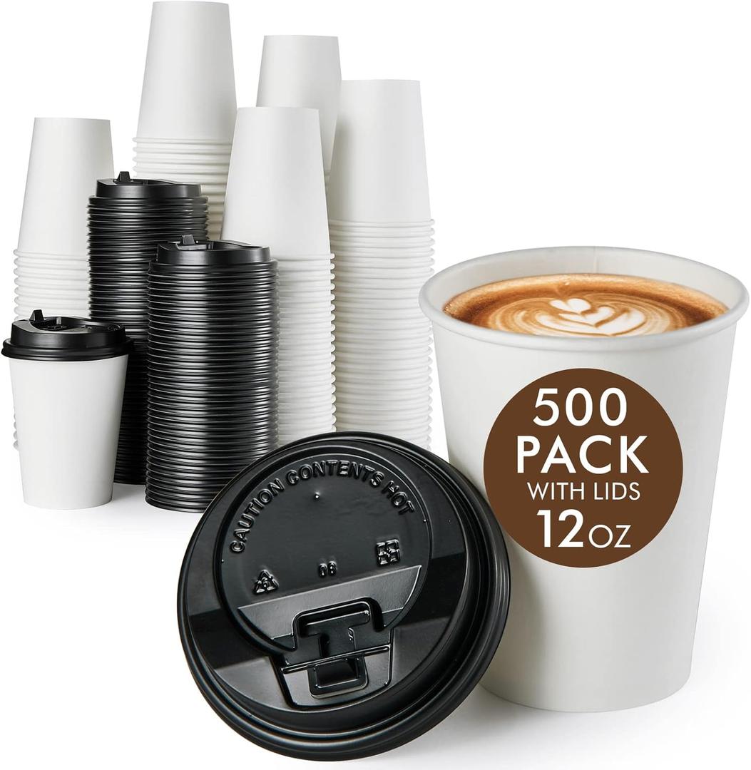 Vplus 500 Pack 12 OZ Paper Coffee Cups, Disposable 12 OZ Coffee Cups With Lids, Cold/Hot Drinking, For Home, Traveling, Stores, Office, And Events (White)