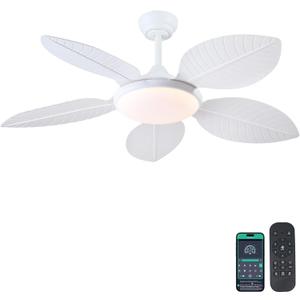 Ceiling Fans with Lights and Remote/APP Control, 48 Inch Tropical Ceiling Fan for Bedroom Living Room, Outdoor Palm Leaf Ceiling Fan for Patios Porch, Dimmable, 6 Speeds, Reversible, White