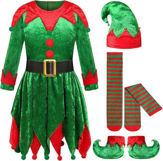 Christmas Elf Costume for Girls Holiday Elf Costume Dress With Elf Hat Shoes Stockings (7-8 Years)
