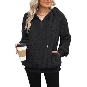 ReachMe Womens Sherpa Hoodie with Pockets Fuzzy Fleece Pullover Tops Oversized Sweatshirts Fluffy Sweater Coat(A1 Black,M)