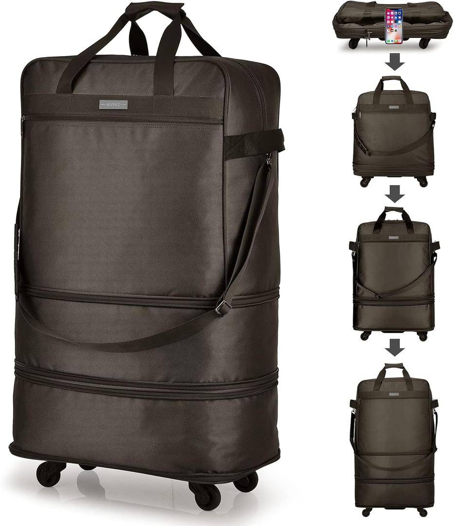 Hanke Suitcases with Wheels Expandable Foldable Luggage Bag Suitcase Collapsible Rolling Travel Bag Duffel Bag for Men Women Lightweight Suitcases without Telescoping Handle, Coffee