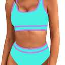 BMJL Women's High Waisted Bikini Sets Sporty Two Piece Swimsuits Color Block Cheeky High Cut Bathing Suits (Medium)