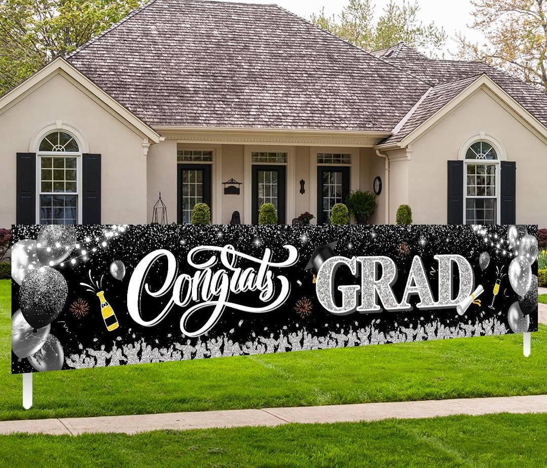 2025 Graduation Decorations-Black and Silver Congrats Grad Yard Sign Banner Decoration for Class of 2025 Graduation Party Supplies