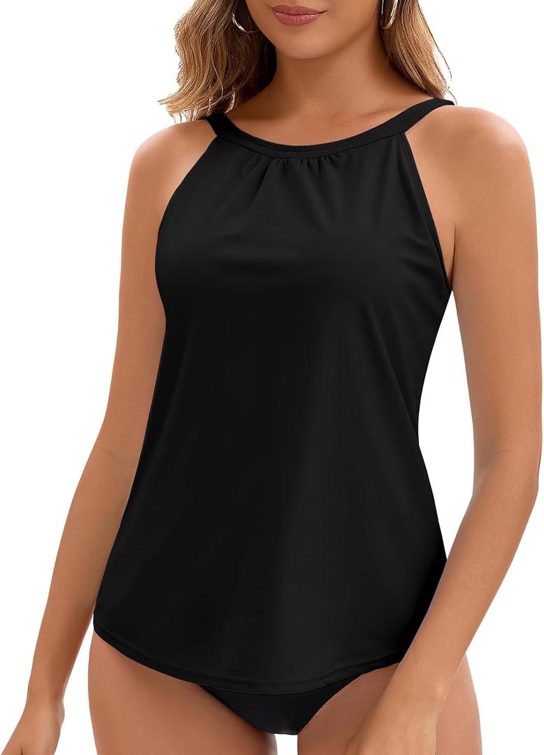 WOWENY Tankini Tops for Women Halter Swimwear Tops Only High Neck Bathing Suit Top No Bottom (Black, XL)