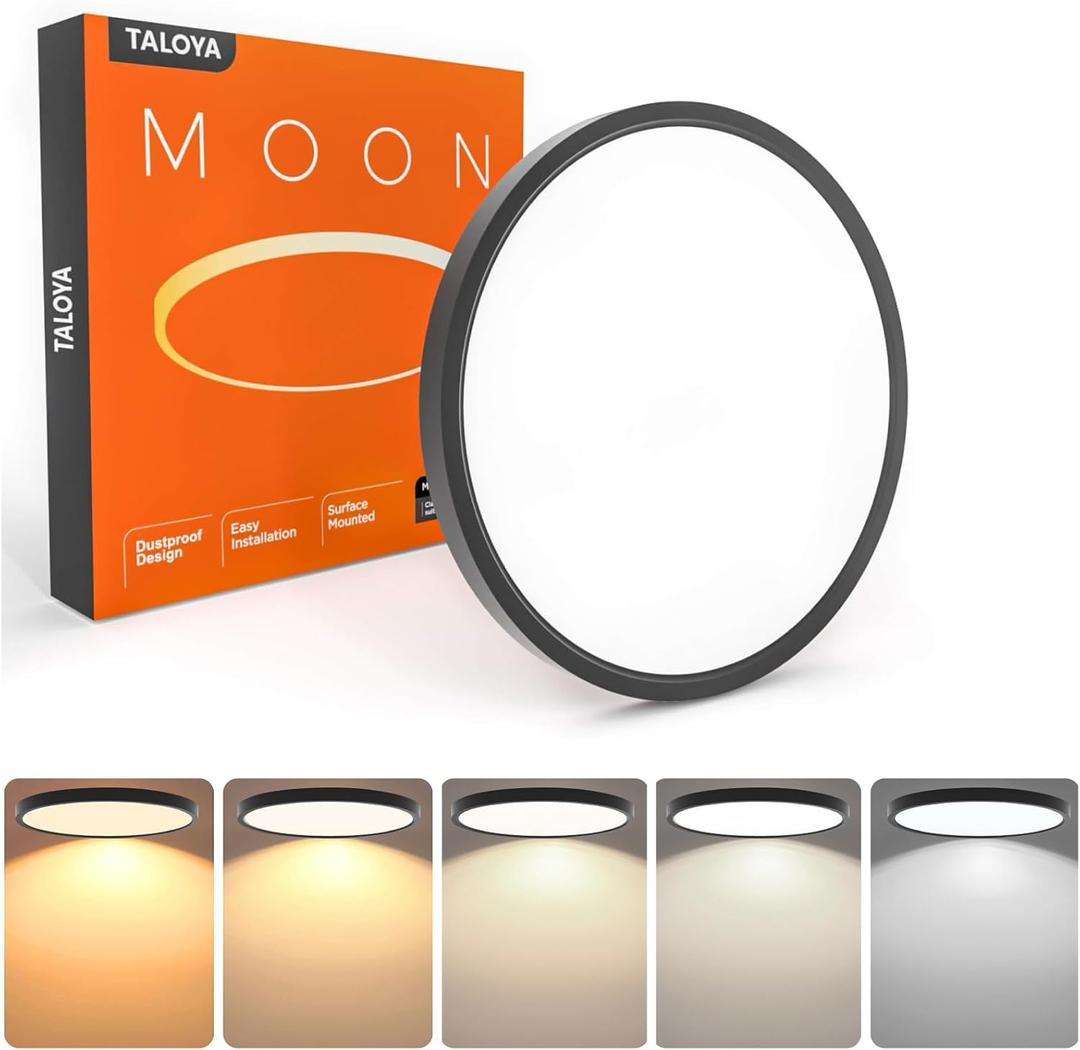 TALOYA Flush Mount LED Ceiling Light Fixture Black,12 Inch 20 Watt, Thin Ceiling Lamp Surface Mount for Kitchen Bedroom Utility Laundry Closet Room,5 Color Temperatures in One (12Inch-1 Pack, Black(5CCT))
