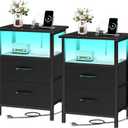 Vagusicc Nightstands Set of 2, Bedside Tables with Charging Station & LED Lights, Black Night Stands with 2 Fabric Drawers, End Table with Storage Shelf, 24.2" Tall Bed Side Table Set of 2 for bedroom