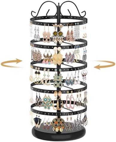 MODOWEY 5 Tiers Metal Rotating Earring Holder Organizer Stand Adjustable Display Tree, 220 Holes Large Carousel Rack for Stud Hoop Pierced Dangling Women Girls, Perfect View for All Earrings(Black)