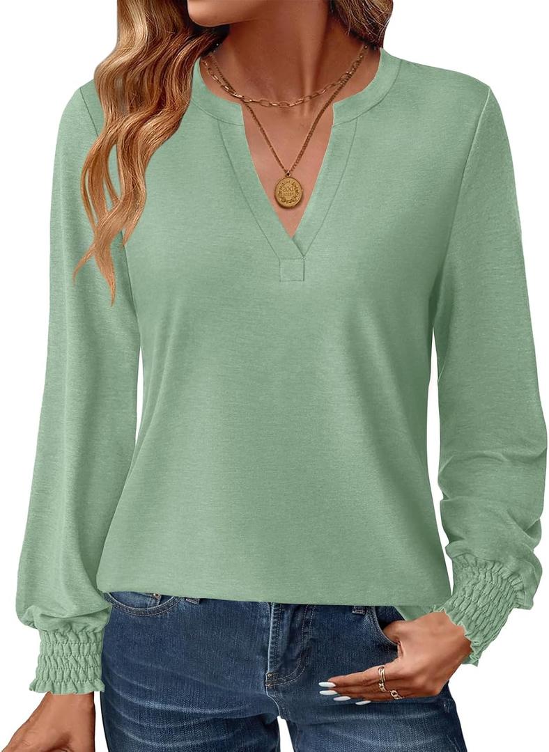 GKBK Womens Long Sleeve Shirts Fall Tops V Neck Business Dressy Casual Blouses with Smocked Cuffs (Green, L)