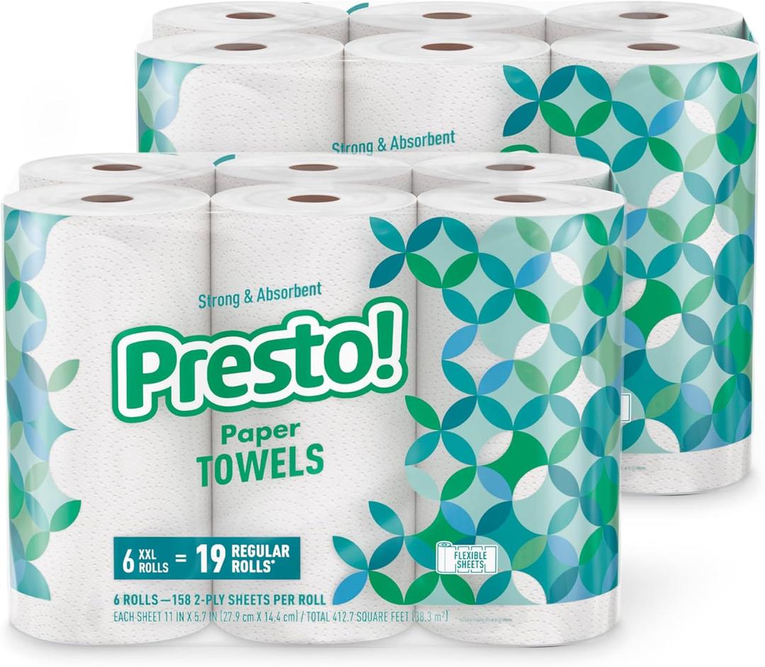 Amazon Brand - Presto! Flex-a-Size Paper Towels, 158 Sheet Huge Roll, 12 Rolls (2 Packs of 6), Equivalent to 38 Regular Rolls, White (6 Count (Pack of 2), White)