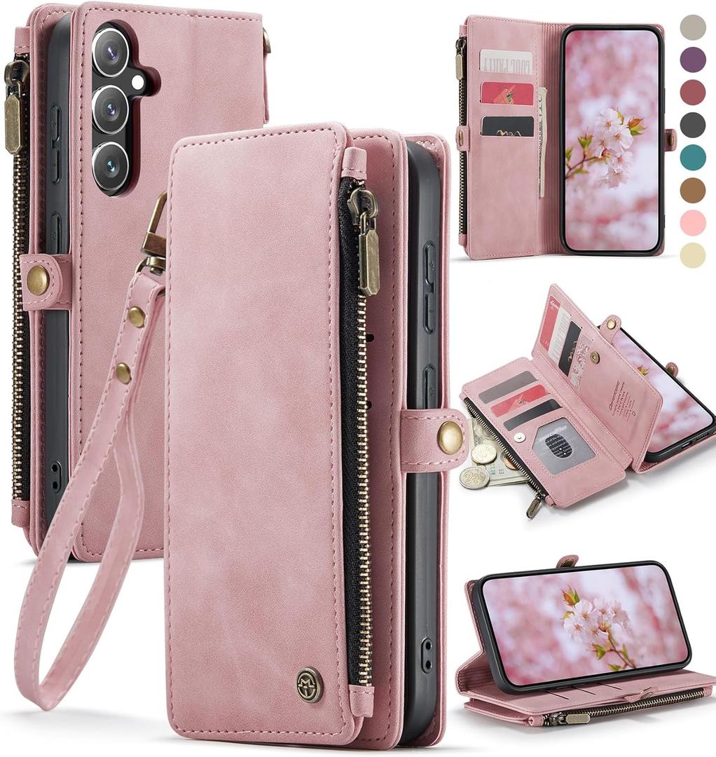 Defencase Compatible with Samsung Galaxy S24 Plus Case Wallet with RFID Blocking Card Holder for Women Men, PU Leather Magnetic Snap Flip Zipper Strap Phone Case Fit for Galaxy S24 Plus 5G 6.7", Pink