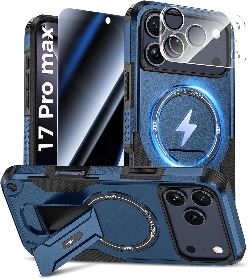 Goton for iPhone 17 Pro Max Case with Privacy Tempered Glass Screen Protector & Camera Lens Protector, Compatible with MagSafe, Invisible Kickstand, Shockproof Phone Cover, Blue