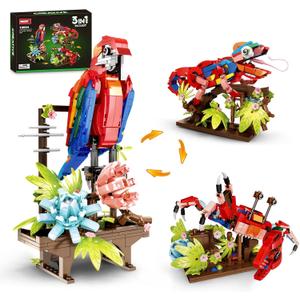 3 in 1 Animals Parrot Chameleon Crab Building Block Set, Flowers Botanical Animal Building Toy, Compatible with Lego Creative Construction Gift for Adults Kids Boys Girls 6+(538PCS)