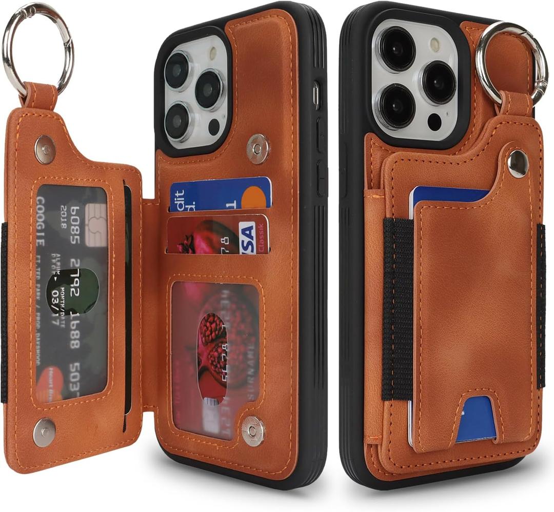 Case for iPhone 15 Pro Max Phone Case with Keychain Ring Credit Card Holder for Women, for iPhone 15 Pro Max Leather Case Wallet with Kickstand Card Slots Fashionable Case for Men- Khaki