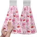 2 PCS Pink Bow Kitchen Hand Towel Cherry Home Decorative Hanging Tie Towels, Super Soft Absorbent WashCloth Tie Towels for Bathroom,Tabletop, 12x17In