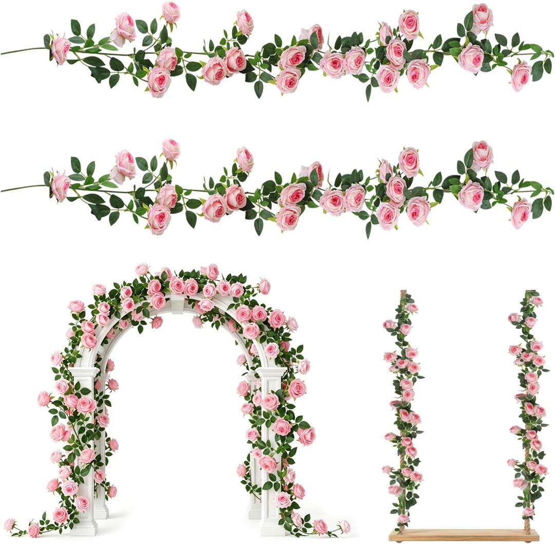 2 Pcs Artificial Rose Garland, 12FT Fake Flower Vines with 21 Flowers, Hanging Silk Rose Garlands for Wedding Arch, Party, Home, Garden, Wall Decor (Pink)