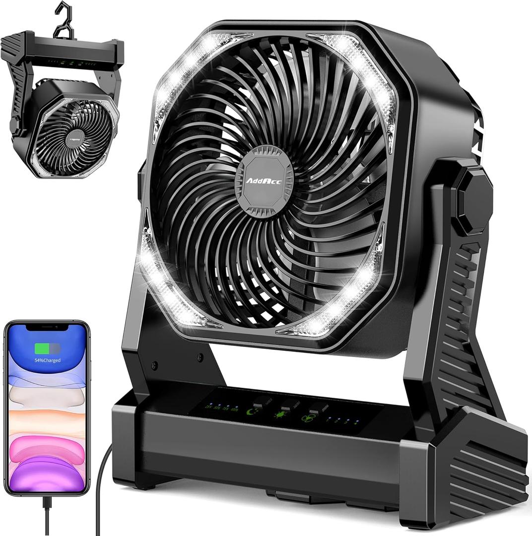 20000mAh Battery Powered Camping Fan, 58Hrs Rechargeable Portable Fan, 400LM Light, 360 Hook, Whisper Quiet Battery Operated Fan for Outdoor Car Travel Gear Essentials Power Outages Co-brand AMACOOL