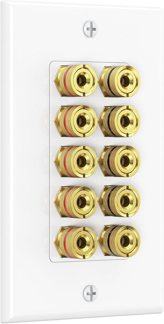 Cable Matters Speaker Wire Wall Plate, Gold Plated Speaker Wall Plate with Banana Plug Binding Post for 5 Speakers, White