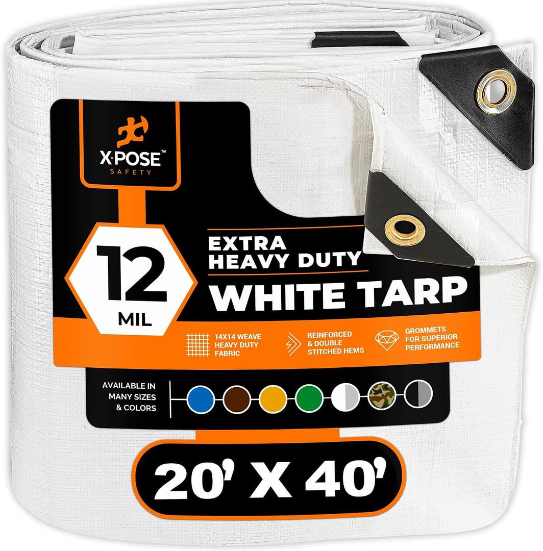 Heavy Duty White Poly Tarp 20' X 40' - Multipurpose Protective Cover - Durable, Waterproof, Weather Proof, Rip and Tear Resistant - Extra Thick 12 Mil Polyethylene - by Xpose Safety
