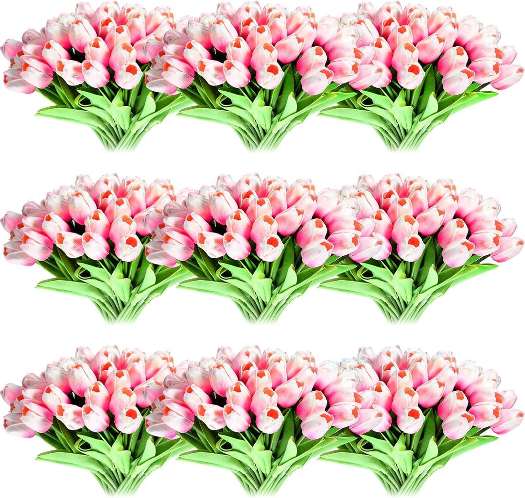 Jexine 100 Pcs Artificial Real Tulips Fake Artificial Tulip Flower Bulk Bouquet with Stem for Table Centerpieces Wedding Bridal Easter Mother's Day Garden Home Decor, 13.4''(Light Pink)