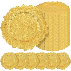 Teruntrue 50 Pcs Gold Charger Plates Bulk 13 Inch Plastic Charger Plates for Dinner Plate, Gold Chargers for Table Setting, Reef Design Plate Floral Decorative Round Chargers for Wedding Party, Event