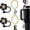Straw Covers for Stanley Cup Accessories: Black Decorations for Stanley 30 oz & 40 oz Tumbler with Handle, Bling Letter Charms and Flower Silicone Straw Cap Topper, Trendy Stuff for Teen Girls & Women
