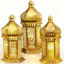 Honoson 3 Pack Large Golden Eid Ramadan Lantern Moroccan Lantern with LED String Lights Vintage Metal Lamp Ramadan Decorations for Home Hanging Indoor Outdoor Patio Tabletop Decor