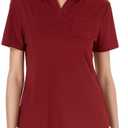 Women's V-Neck Ruffle Design Polo Shirts Short Sleeve Collared Loose Casual Tunic Blouses with Pocket (Red, M)