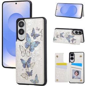 UEEBAI Wallet Case for Samsung Galaxy S25 Edge 5G with Card Holders, PU Leather Floral Cover Kickstand RFID Blocking Double Magnetic Clasp Rilievo Flower Flip Case for Women Girls - Blue Butterfly