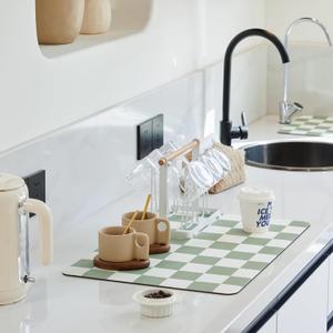 Checkered Dish Drying Mat for Kitchen Counter, Coffee Bar Station Accessories, Retro Cute Aesthetic Modern Absorbent Drainer Mat Kitchen Drying Mat Easy Clean, Sage 12" x 19"