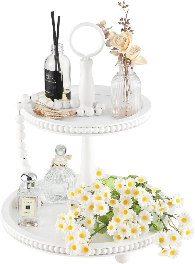 Beaded Tiered Tray Stand, Rustic Wooden 2 Tier Decorative Tray with Bead Garland, Farmhouse Round Wood Serving Tray Counter Centerpiece for Coffee Bar Home Decor Holiday Housewarming Gifts (White)