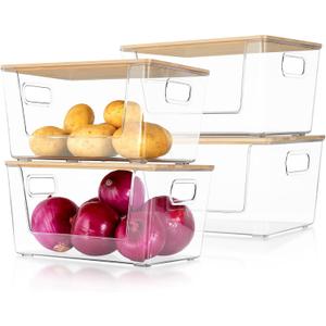 4 Set Pantry Organizer and Storage, Stackable Trash Bag Dispenser Clear Acrylic Kitchen Counter Pantry Baskets for Potato, Onion, Produce, Fruit, Vegetable, Snack, Trash Bag Holder with Bamboo Top