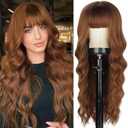 Lativ Auburn Wig with Bangs Long Wavy Ginger Wig Natural Looking Heat Resistant Synthetic Curly Full Wigs for Women Daily Use 26 Inches